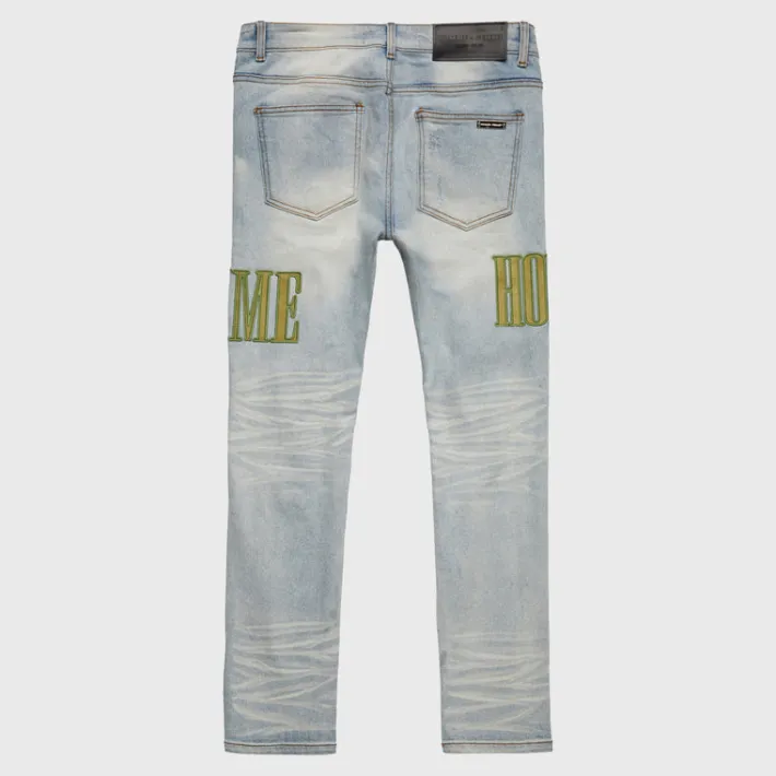 New Homme + Femme Letterman Denim Blue With Olive Letters