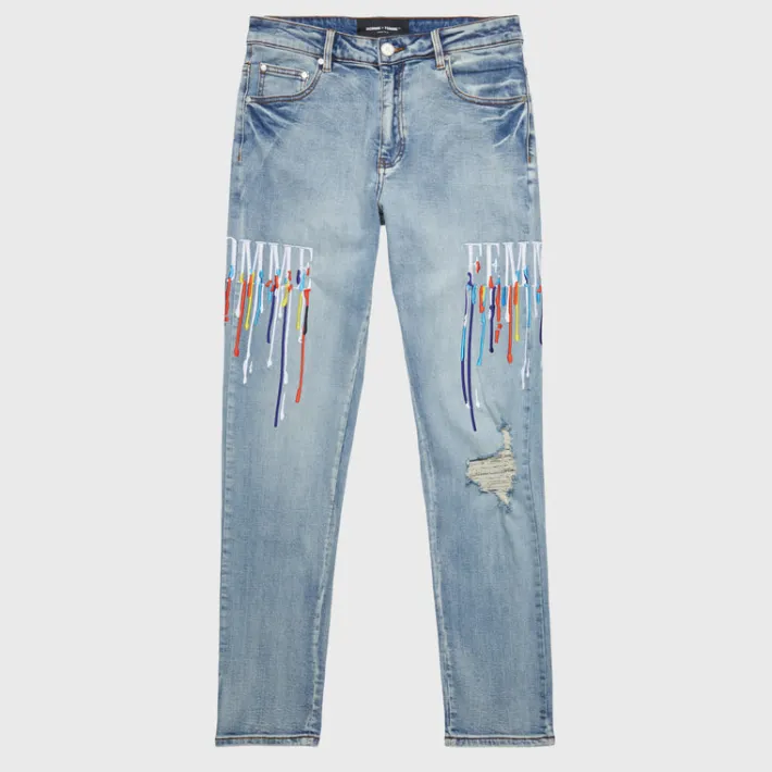 Online Homme + Femme Letterman Drip Denim Blue With White Letters